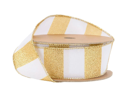 9642W-002-38E | 1.5" | HORIZONTAL GOLD GLITTER STRIPES ON WHITE | 10YDS