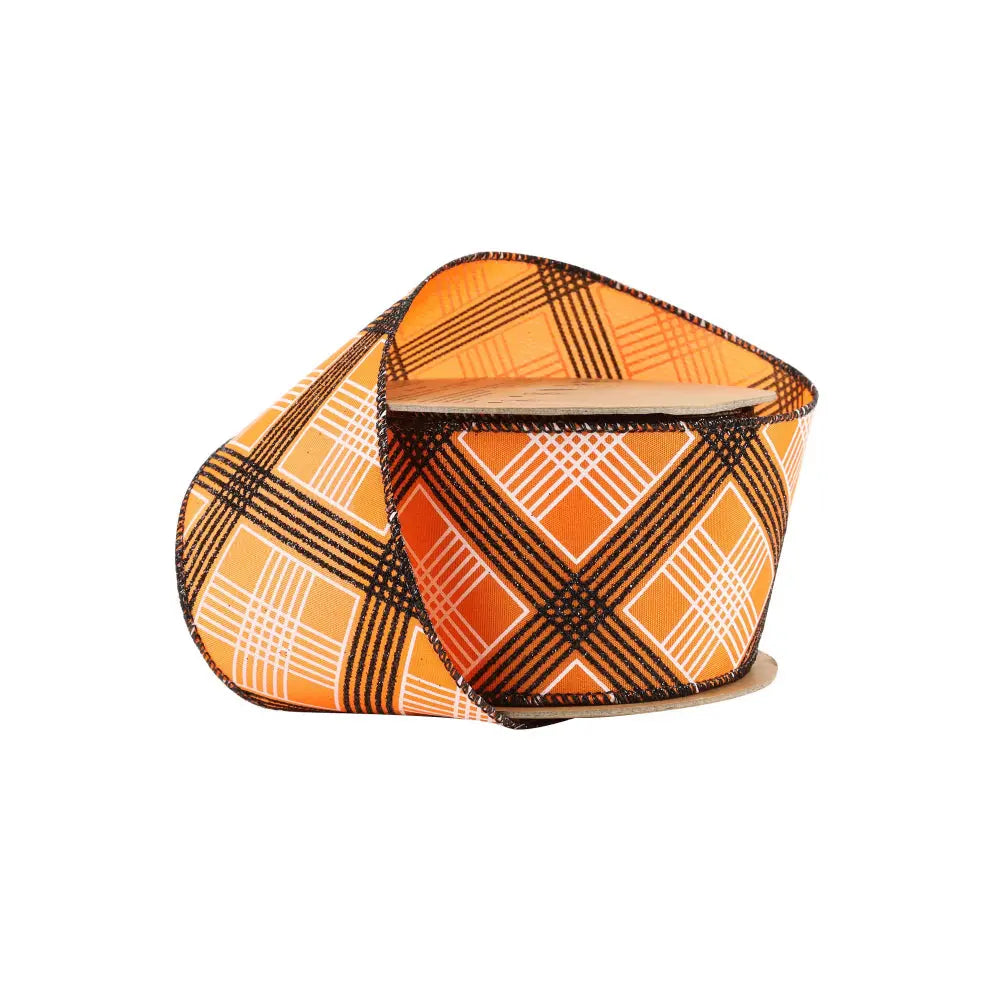 9701W-058-63E | 2.5" | Black/White Bias Plaid on Orange | 10yds