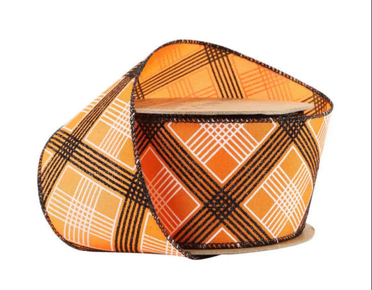 9701W-058-63E | 2.5" | Black/White Bias Plaid on Orange | 10yds