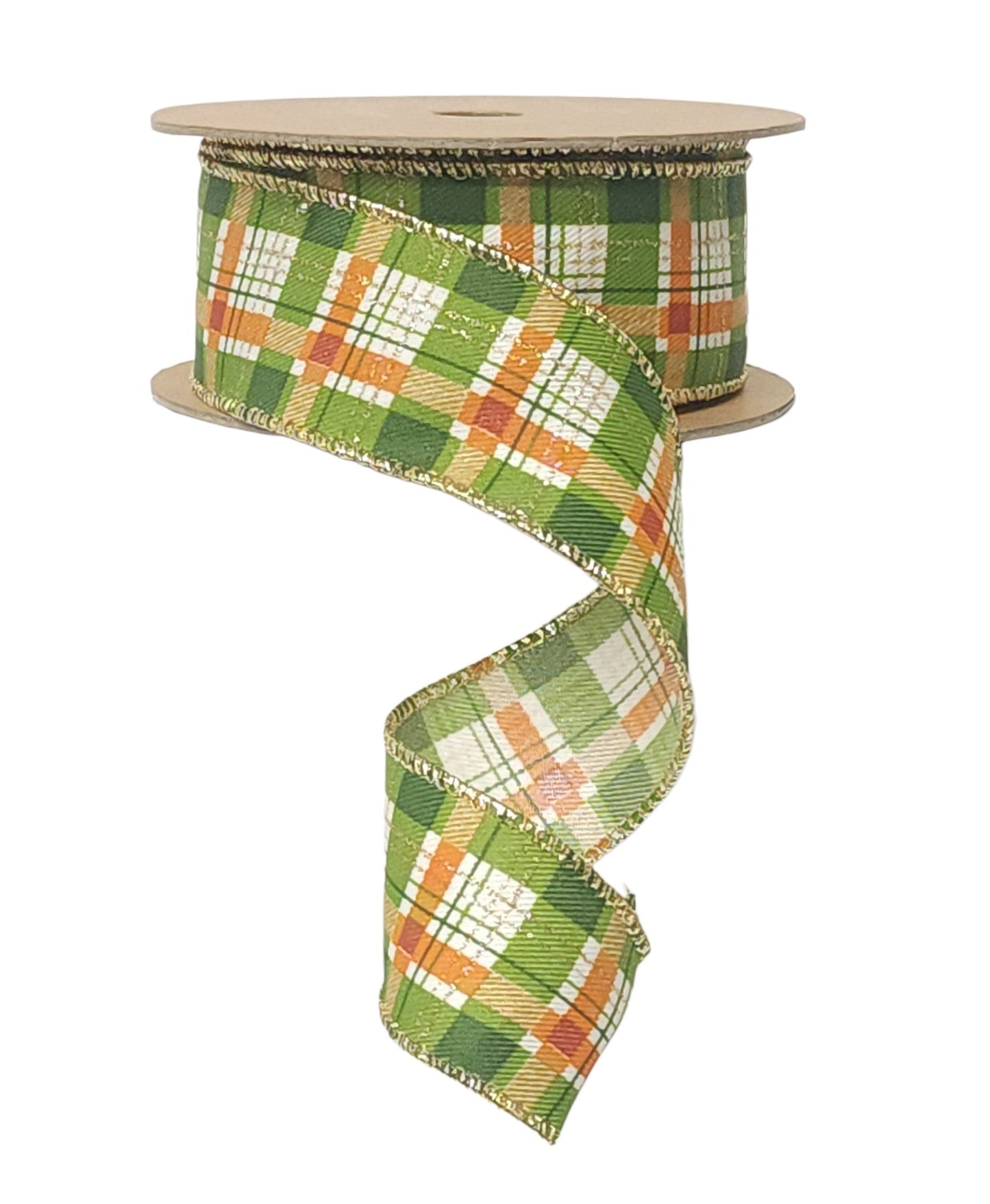 9702W-580-38E | 1.5" | Orange/Green Plaid w/Gold Accent | 10yds