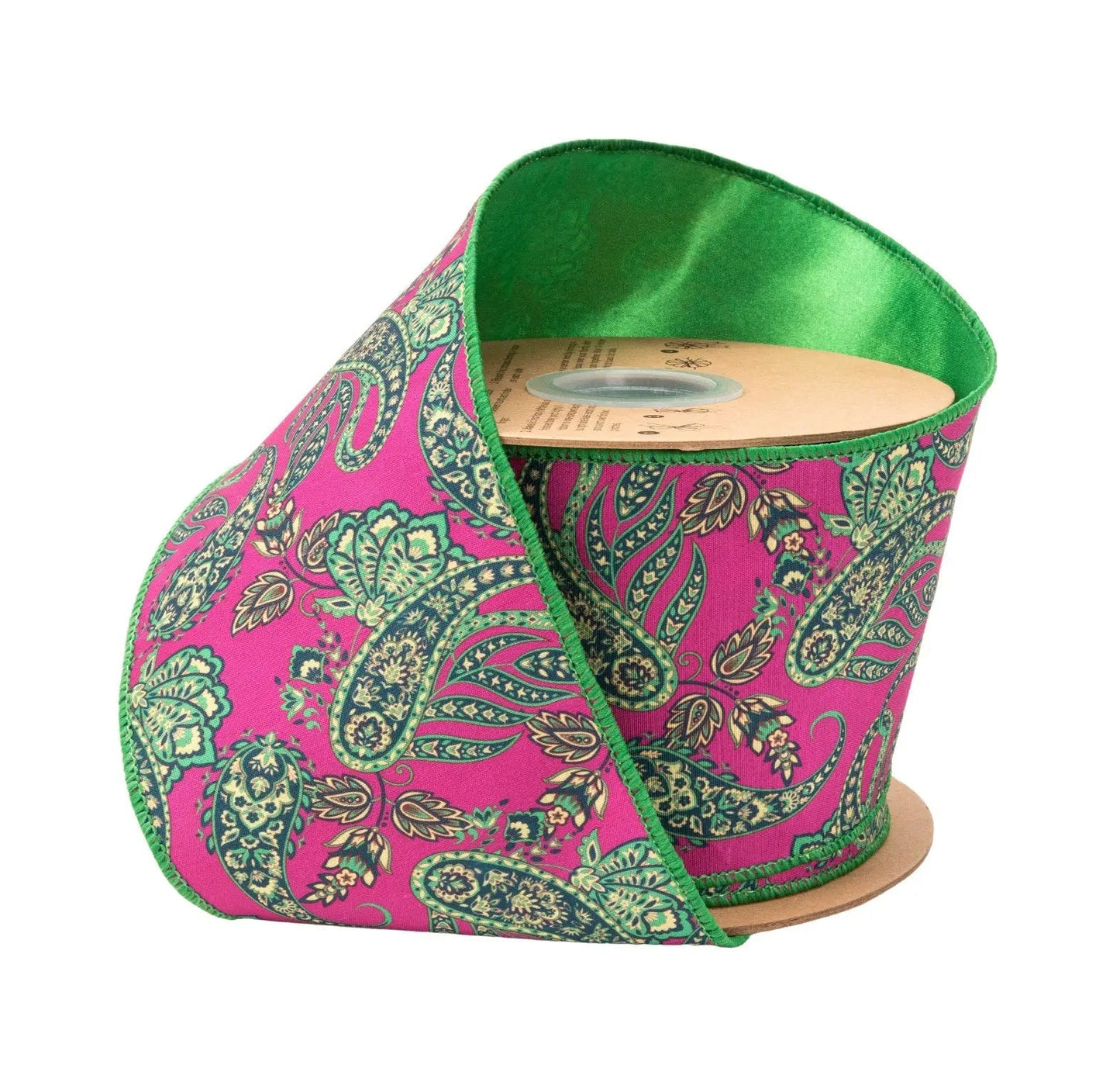9721W-175-100E | 4" | Wired Dupioni Preppy Paisley on Hot Pink w/Satin Green Backing | 10yds