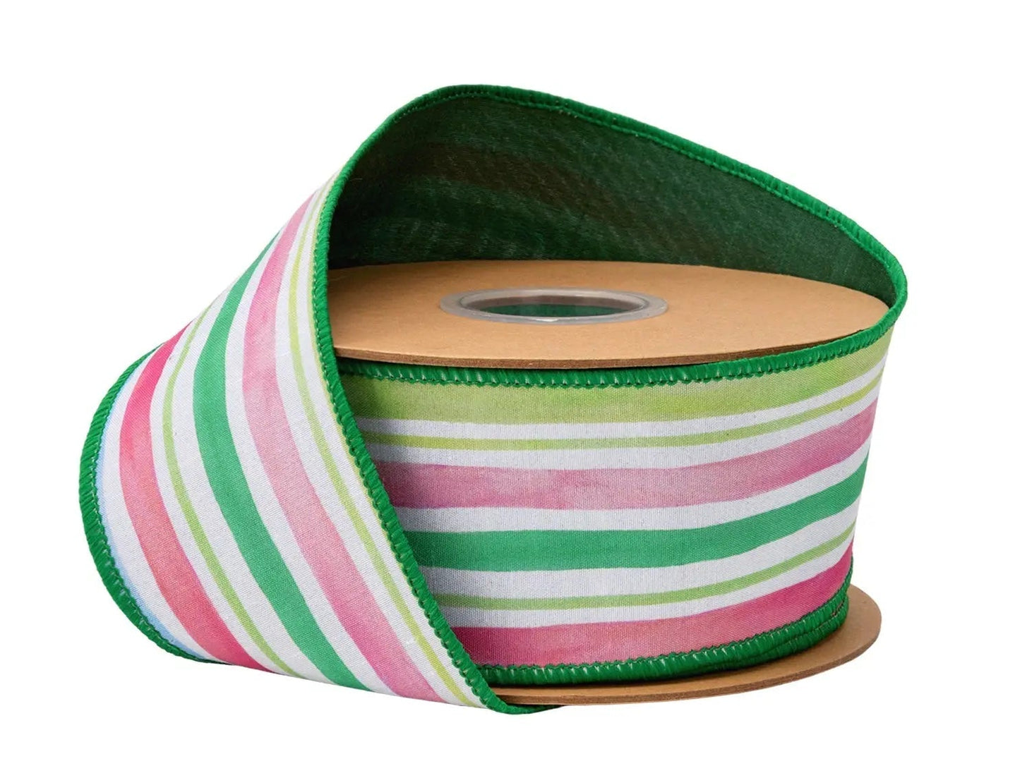 9764W-014-63E | 2.5" | Wired Dupioni Pastel Stripes w/Green Backing | 10yds