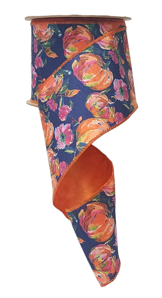 9767W-750-100E | 4" | Dupion Pumpkins & Flowers on Blue w/Satin Orange Backing | 10yds