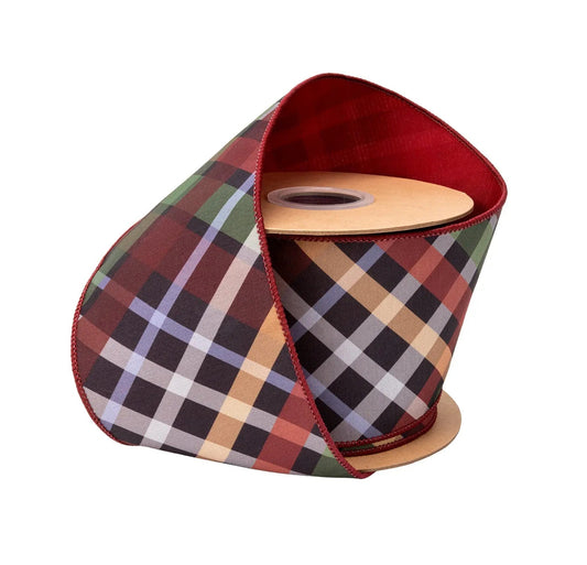 9771W-040-100E | 4" | Dupioni Jewel Tone Bias Plaid w/ Red Backing | 10yds