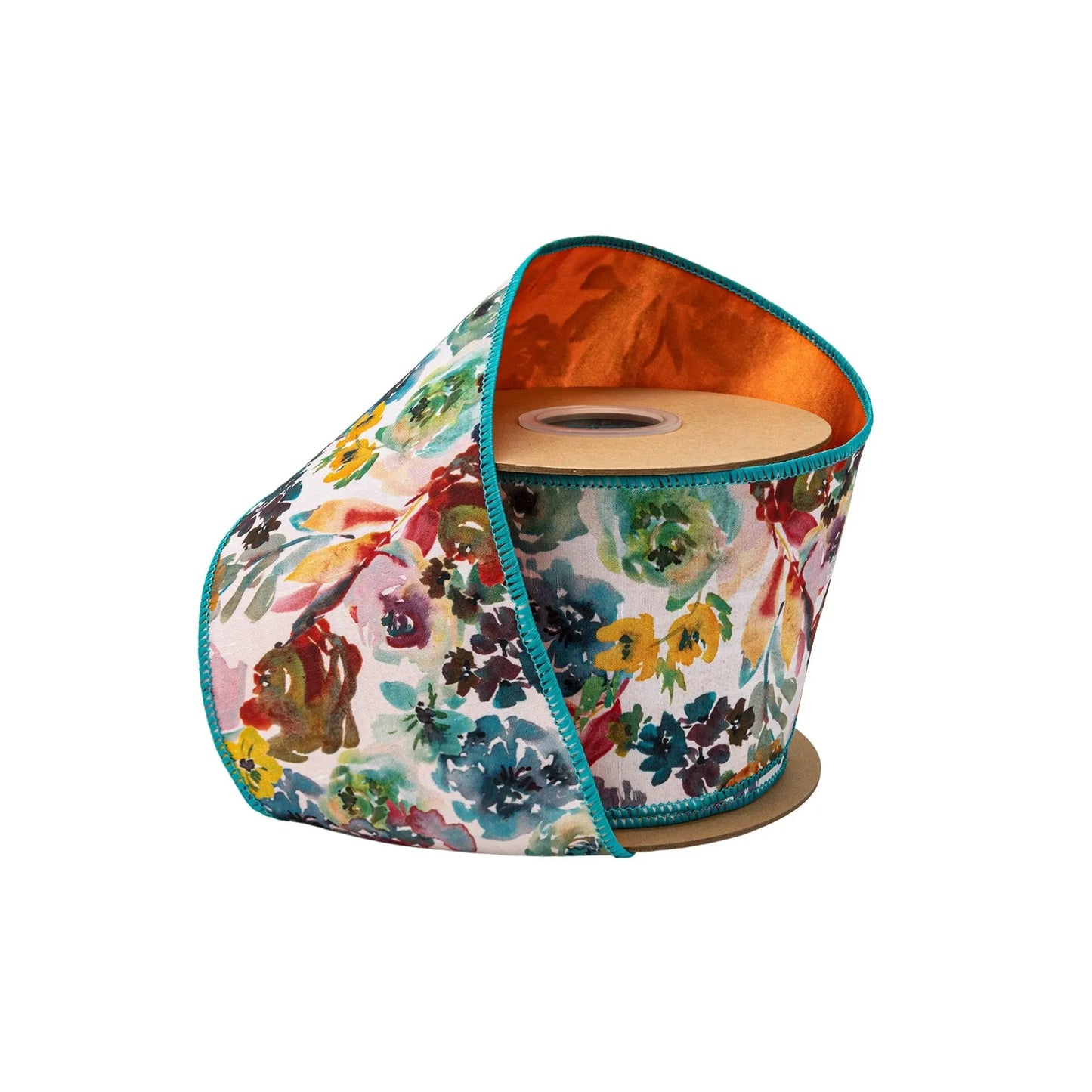 9778W-040-100E | 4" | Dupioni Ribbon | Aqua/Orange Floral w/Satin Orange Backing | 10yds