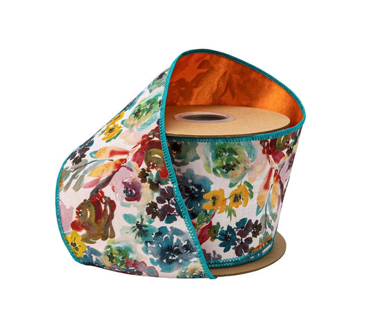 9778W-040-100E | 4" | Dupioni Ribbon | Aqua/Orange Floral w/Satin Orange Backing | 10yds