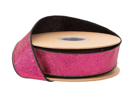 9799W-175-38E | 1.5" | Hot Pink Glitter w/Velvet Black Backing | 10yds