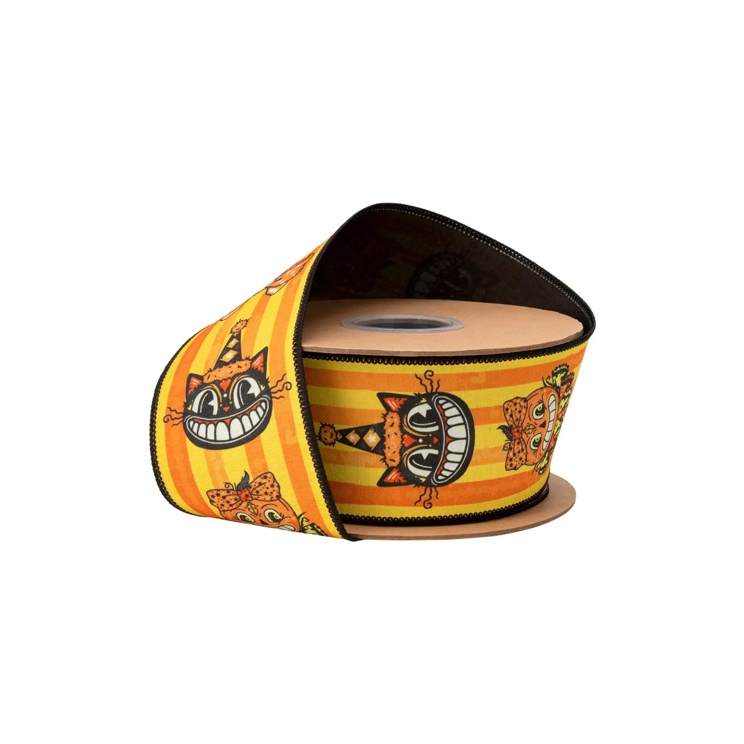 9800W-750-63E | 2.5" | Dupioni Vintage Halloween Faces on Stripes w/Black Backing | 10yds