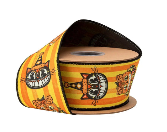 9800W-750-63E | 2.5" | Dupioni Vintage Halloween Faces on Stripes w/Black Backing | 10yds