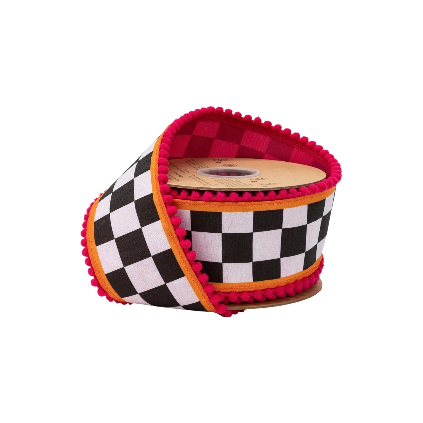 9802W-031-63E | 2.5" | Dupioni Large Black/White Check w/Orange/Pink Pom Pom Edging & Pink Backing | 10yds