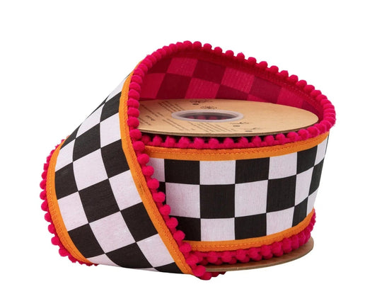 9802W-031-63E | 2.5" | Dupioni Large Black/White Check w/Orange/Pink Pom Pom Edging & Pink Backing | 10yds