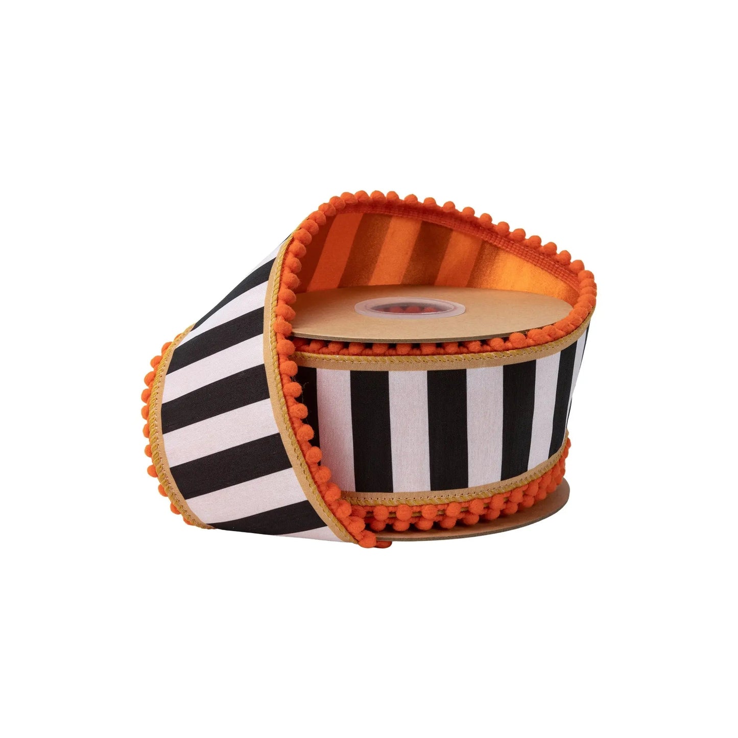 9803W-031-63E | 2.5" | Dupioni Black/White Stripe w/Gold/Orange Pom Pom Edging & Satin Orange Backing | 10 yds