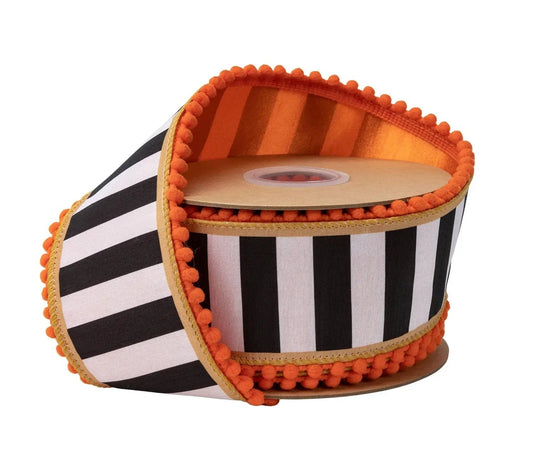 9803W-031-63E | 2.5" | Dupioni Black/White Stripe w/Gold/Orange Pom Pom Edging & Satin Orange Backing | 10 yds