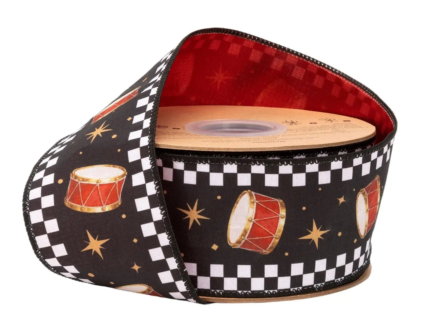 9810W-030-63E | 2.5" | Dupioni Black/White Check Drums on Black w/Red Backing | 10yds