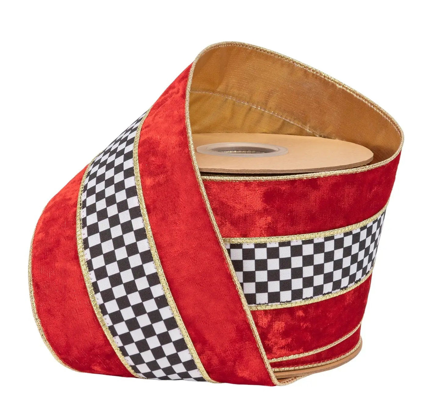 9821W-250-100E | 4" | Velvet Black/White Check w/Red Banded Velvet & Gold Backing | 10yds