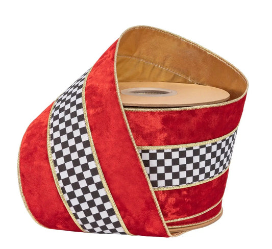 9821W-250-100E | 4" | Velvet Black/White Check w/Red Banded Velvet & Gold Backing | 10yds