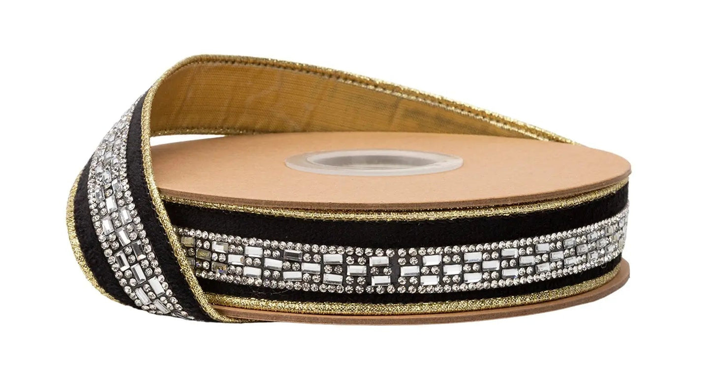9831W-030-25E | 1" | Reversible Classic Velvet | Black w/Diamond Accent w/Gold Shimmer Backing | 10yds