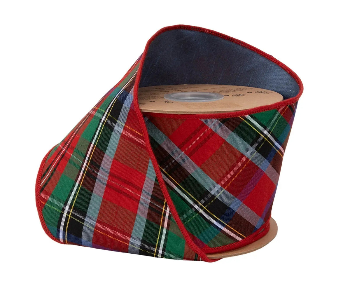 9846W-039-100E | 4" | Dupioni Bias Cut Traditional Christmas Plaid | Red/Green/Blue w/Blue Backing | 10 yds