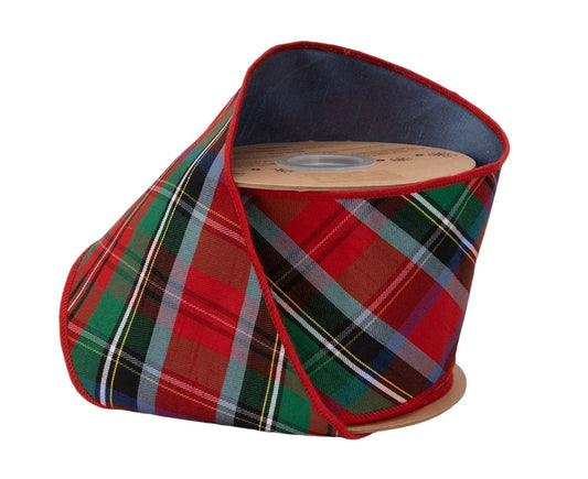 9846W-039-100E | 4" | Dupioni Bias Cut Traditional Christmas Plaid | Red/Green/Blue w/Blue Backing | 10 yds