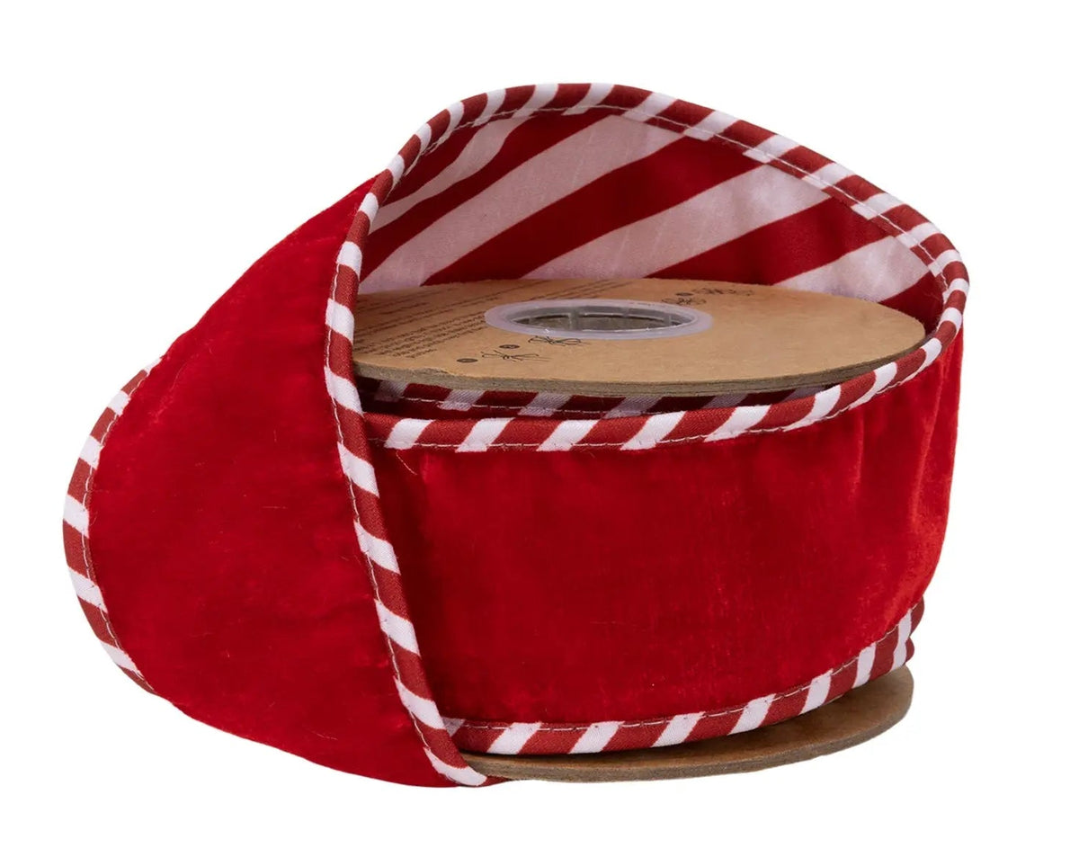 9848W-010-63E | 2.5" | Premium Red Velvet w/Red/White Striped Backing | 10yds