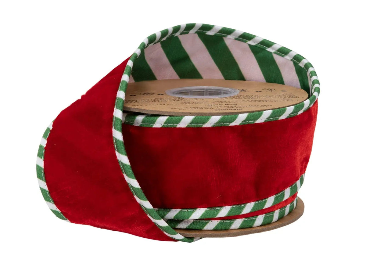 9848W-036-63E | 2.5" | Premium Red Velvet w/Green/White Striped Backing  | 10yds