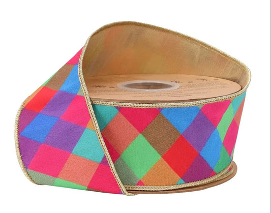 9855W-023-63E | 2.5" | Dupioni Multi Jewel Tone Plaid w/Gold Fused Dupioni Backing | 10yds