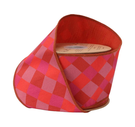9855W-750-100E | 4" | Dupioni Orange/Pink/Red Plaid w/Red Fused Backing | 10yds