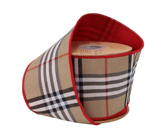 9869W-812-100E | 4" | Dupioni Beige Fashion Plaid w/Red Fused Backing | 10yds