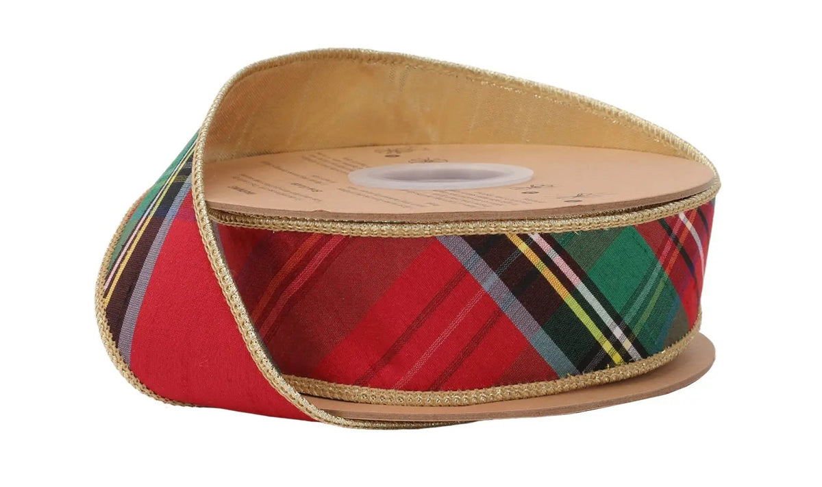 9873W-675-38E | 1.5" | Bold Christmas Plaid w/Metallic Gold Backing | 10yds