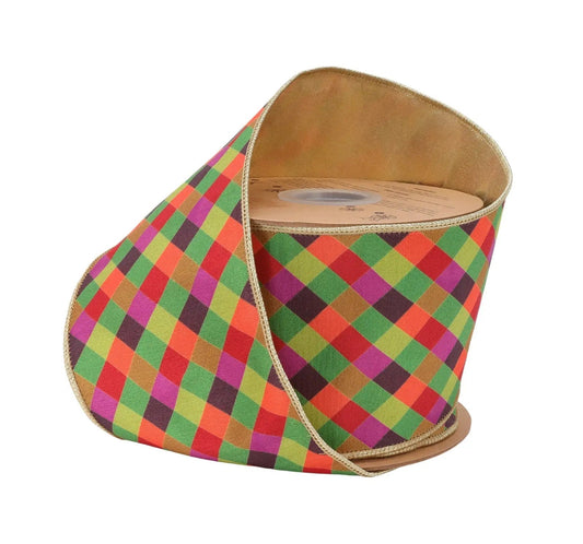 9875W-250-100E | 4" | Dupioni Multi Jewel Tone Small Bias Check Plaid w/Gold Metallic Fused Dupioni Backing | 10yds