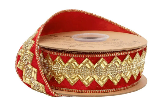 9885W-250-38E | 1.5" | Jeweled Ribbon | Red | 10yds