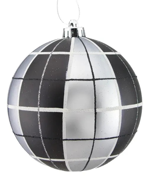 XY8534C2 | 150Mm | Plaid Ball Ornament | Black/White/Pewter - A&B Wholesale Market Inc