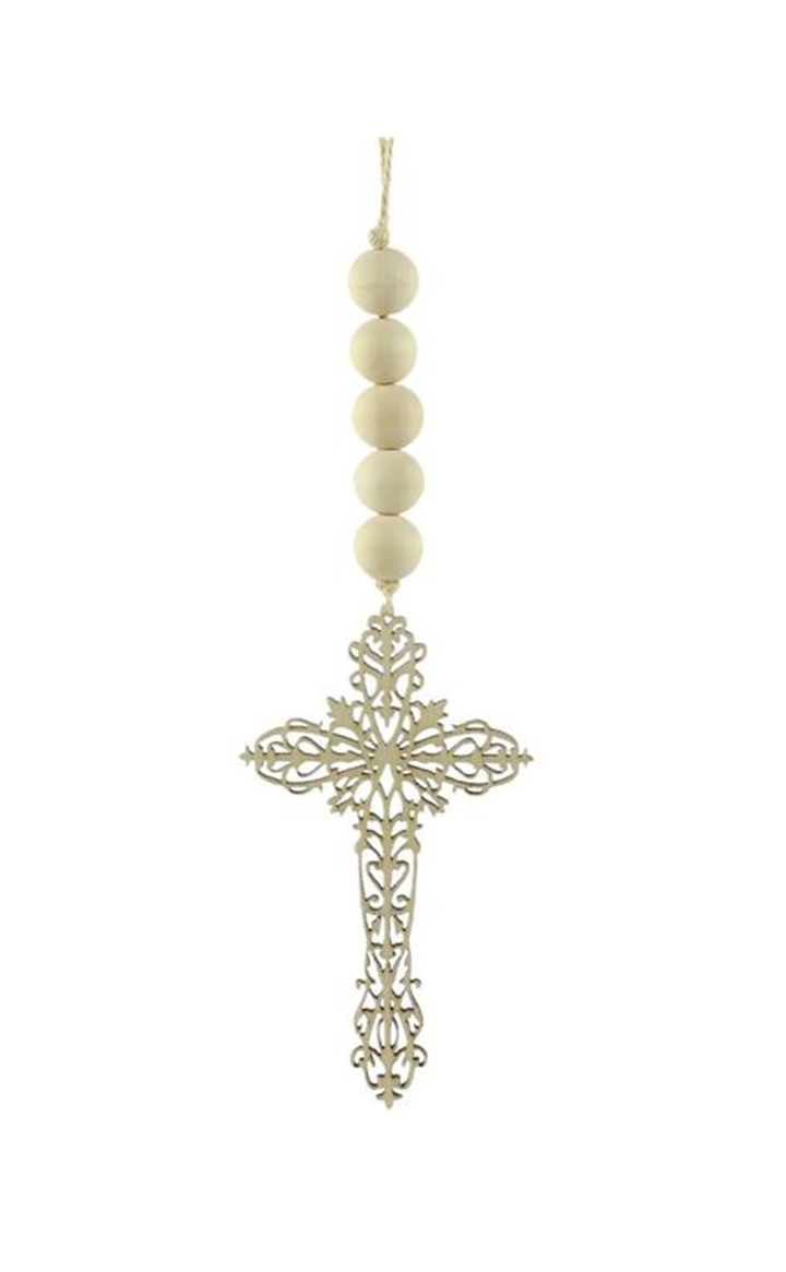 AW9692 Wood Bead w/Cross Ornament