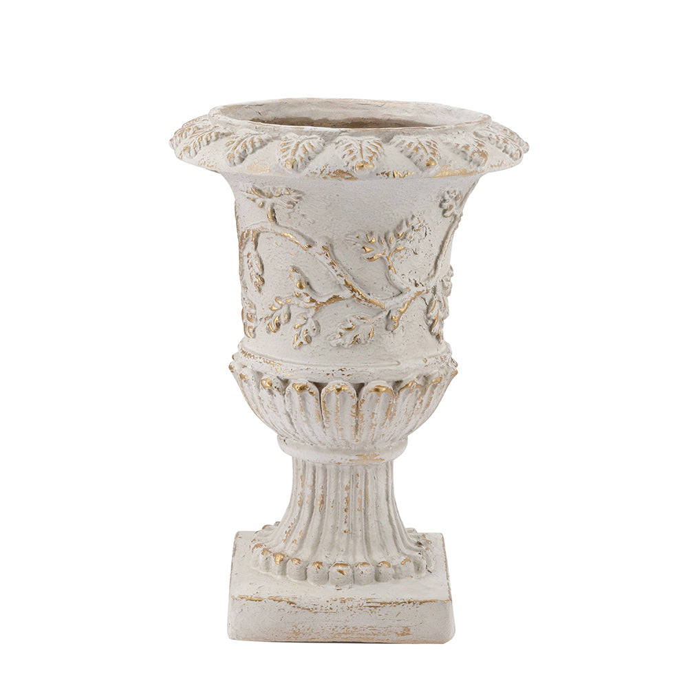 B0014 | 14" x 14" x 20.5" | Ornate Carved Detail Urn Planter w/Distressed White Finish