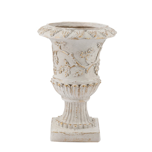 B0014 | 14" x 14" x 20.5" | Ornate Carved Detail Urn Planter w/Distressed White Finish