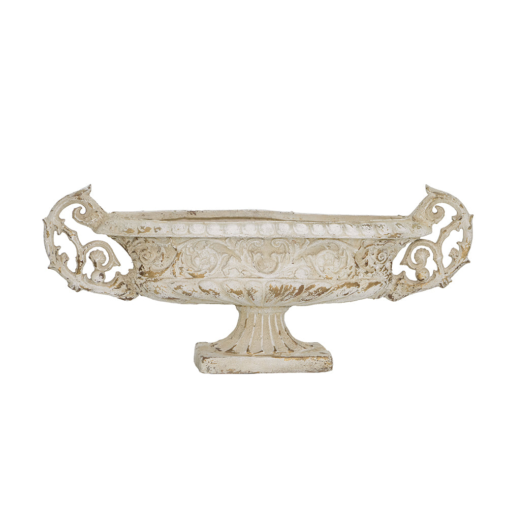 B4415 | 31.5x7x14" | Magnesium Pedestal Vase w/Distressed White Finish & Ornate Handles