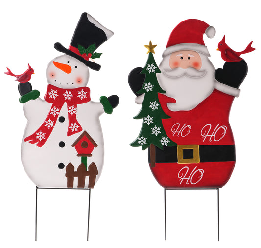 C25523 | Metal Santa/Snowman w/Bird Stake | 2 Asst