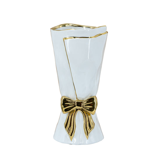 C8876 | White Ceramic Vase with Ornate Gold Bow Design