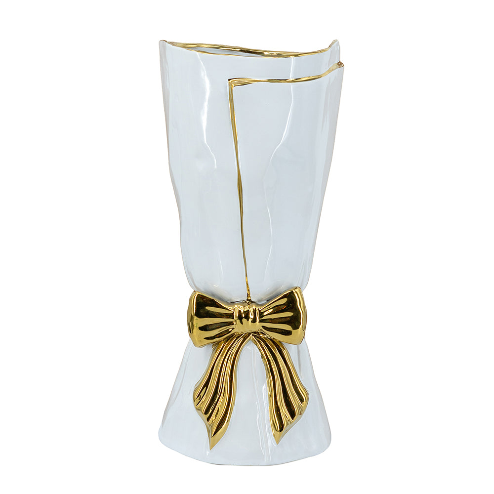 C8877 |  White Ceramic Vase with Ornate Gold Bow Design