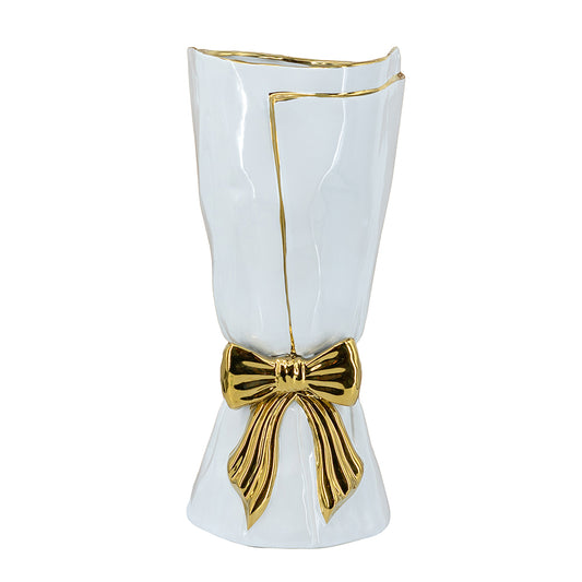C8877 |  White Ceramic Vase with Ornate Gold Bow Design