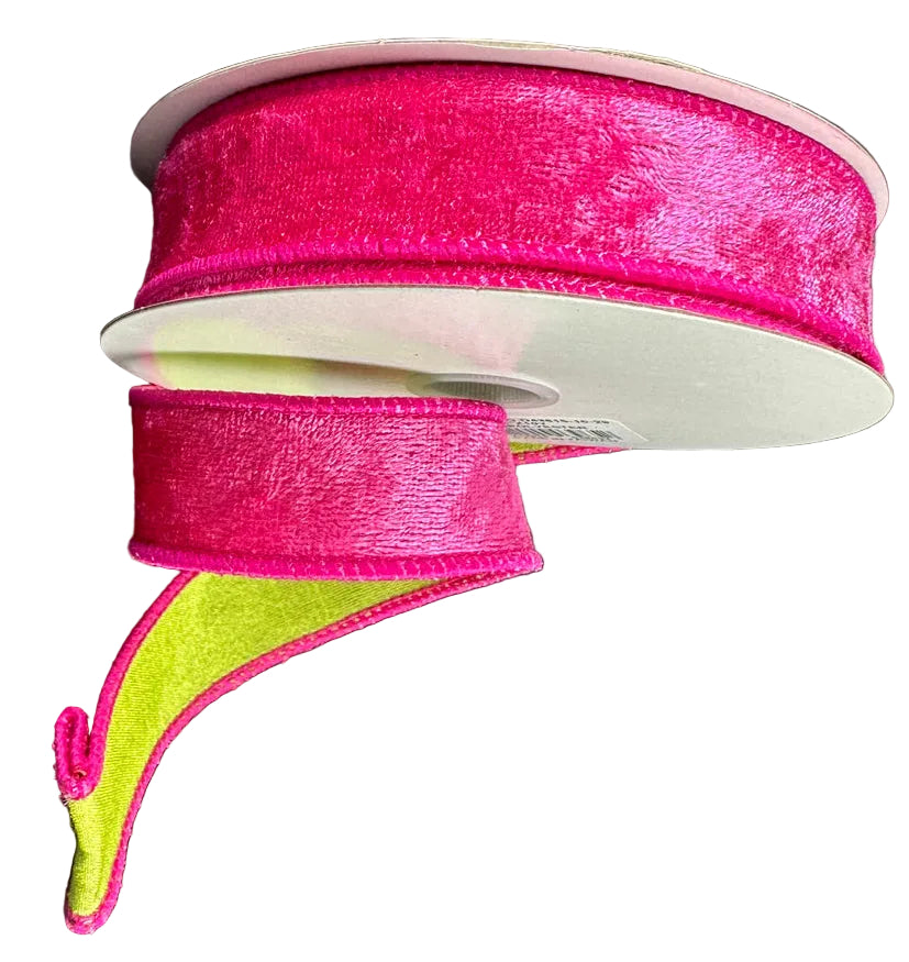 D43615-10-29 | 1" | DOUBLE SIDED FUCHSIA VELVET W/LIME DUPIONI BACKING | 10YDS