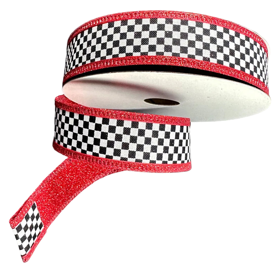 D56614-10-12 | 1" | BLACK-WHITE CHEX W/RED GLITTER EDGE/BACKING | 10YDS