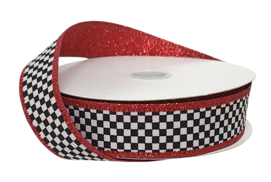D56614-10-12 | 1" | BLACK-WHITE CHEX W/RED GLITTER EDGE/BACKING | 10YDS