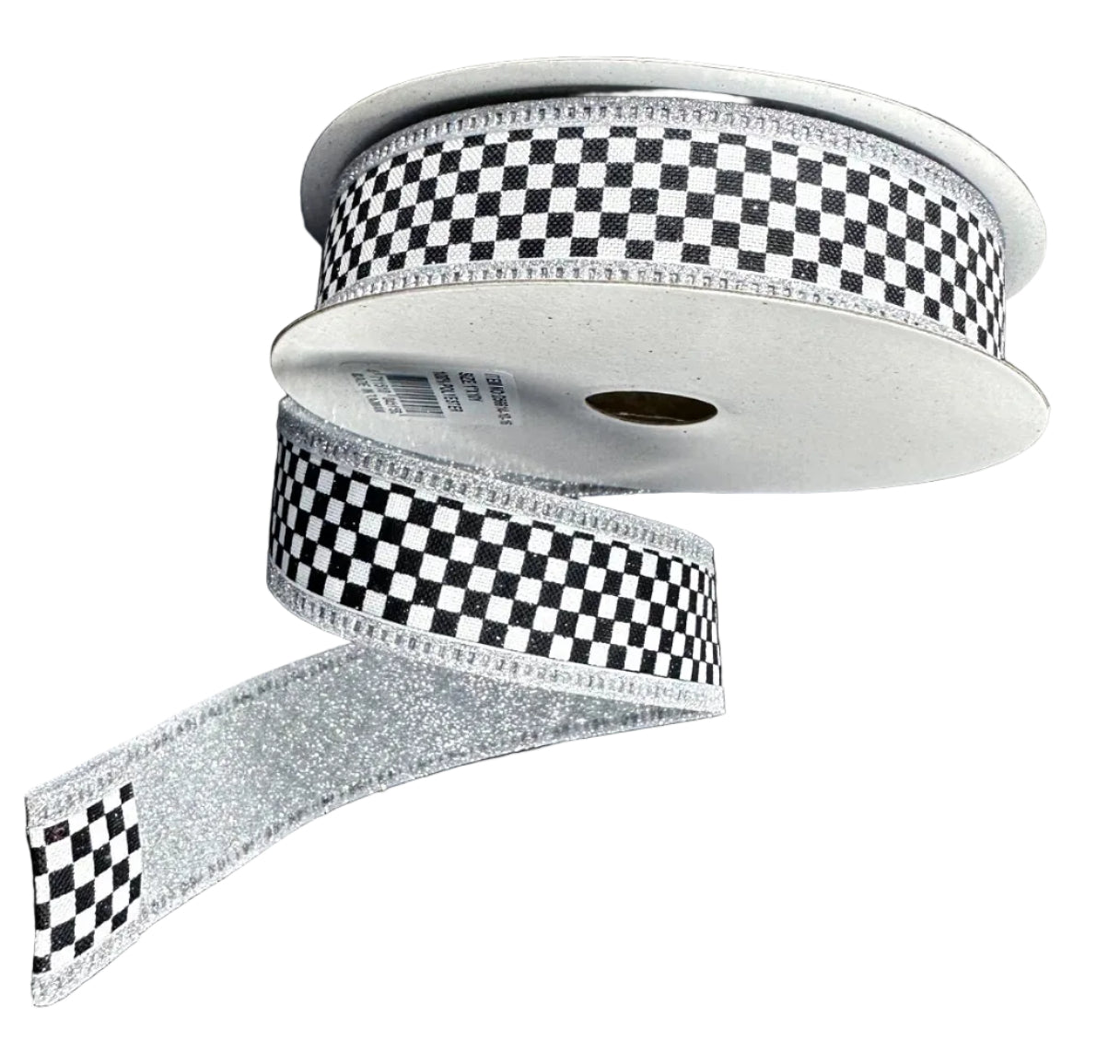 D56614-10-16 | 1" | BLACK-WHITE CHEX W/SILVER GLITTER EDGE/BACKING | 10YDS