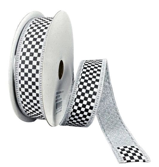 D56614-10-16 | 1" | BLACK-WHITE CHEX W/SILVER GLITTER EDGE/BACKING | 10YDS