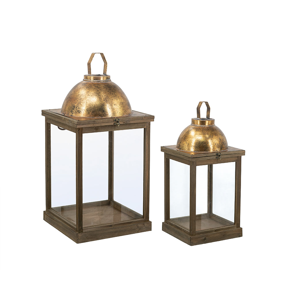 D7222 | Lanterns with Clear Glass Panels and Gold Metal Dome Accents | 2Pcs/Set