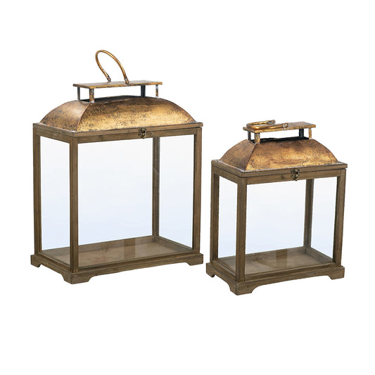 D7225 | Lanterns with Clear Glass Panels and Gold Metal Dome Accents | 2Pcs/Set