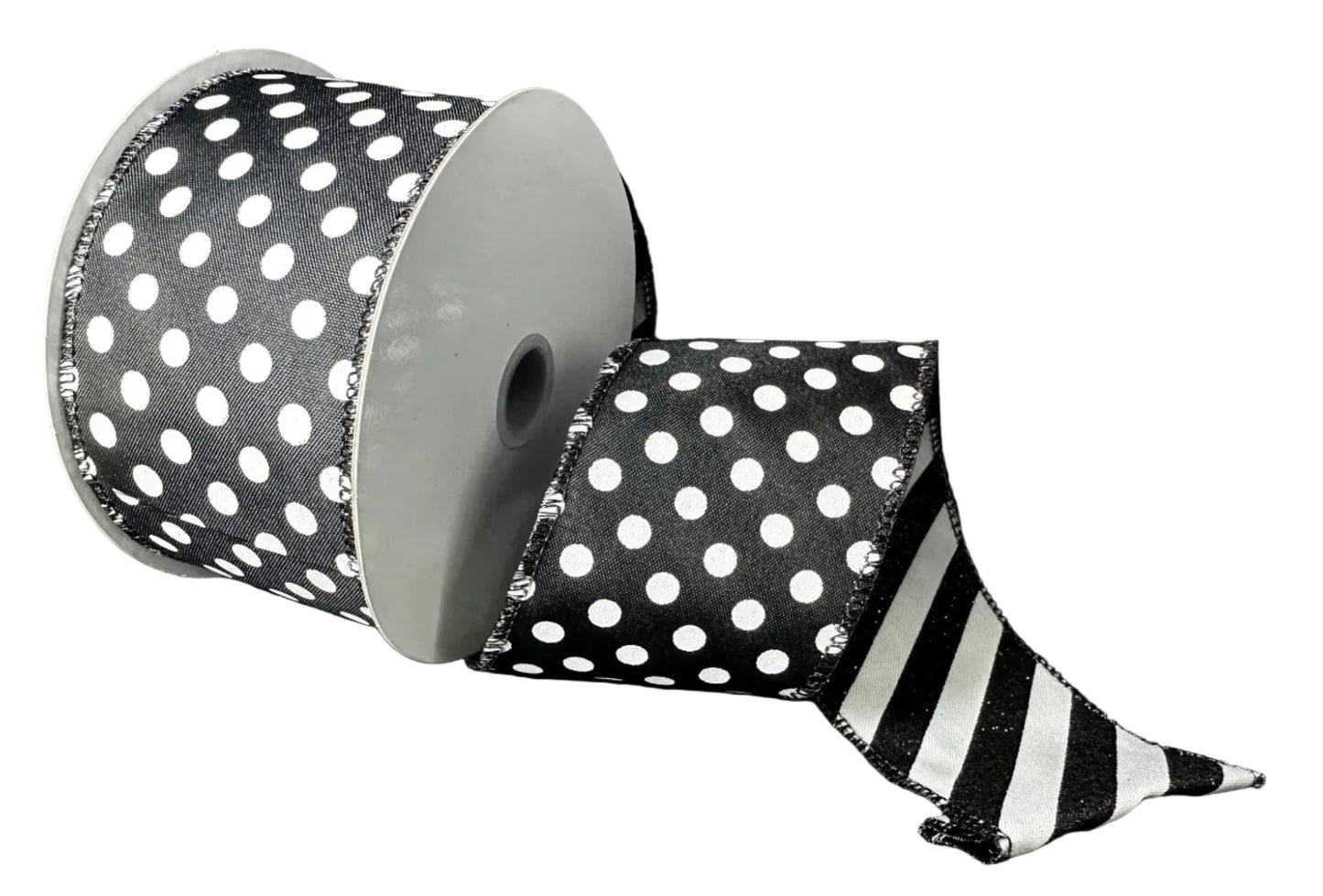 D73582-40-20 | 2.5" | DOUBLE SIDED WHITE DOTS ON BLK SATIN W/BLK-WHT GLITTER CANDY CANE STRIPE BACKING