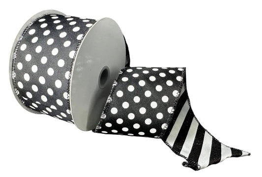 D73582-40-20 | 2.5" | DOUBLE SIDED WHITE DOTS ON BLK SATIN W/BLK-WHT GLITTER CANDY CANE STRIPE BACKING