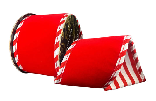 D73601-04-12 | 4" | THICK FLAT RED VELVET W/WHT-RED CABANA STRIPES | 5YDS
